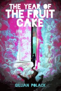 Cover for THE YEAR OF THE FUIT CAKE, depiciting a shadowed figure in front of a partially opened door, with a vaporwave cloud background.