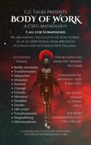 Mockup anthology cover, depicting a dark metallic humanoid figure with a red halo and various anthology submission details