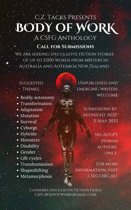 Mockup anthology cover, depicting a dark metallic humanoid figure with a red halo and various anthology submission details